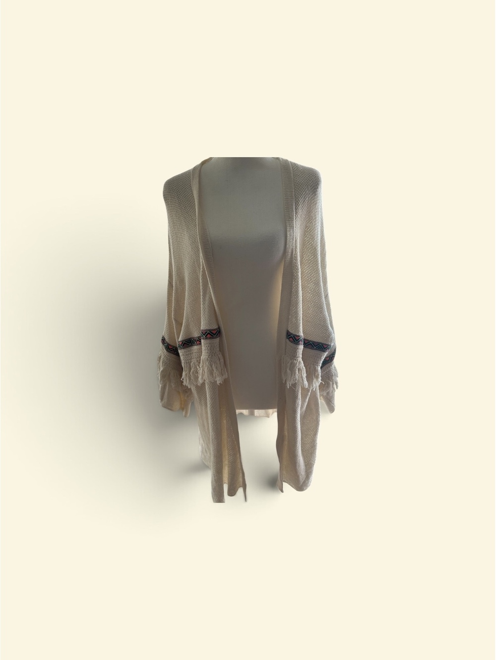 H&M Coachella Official Collection Cream Knit Cardigan with Fringe and Aztec Trim